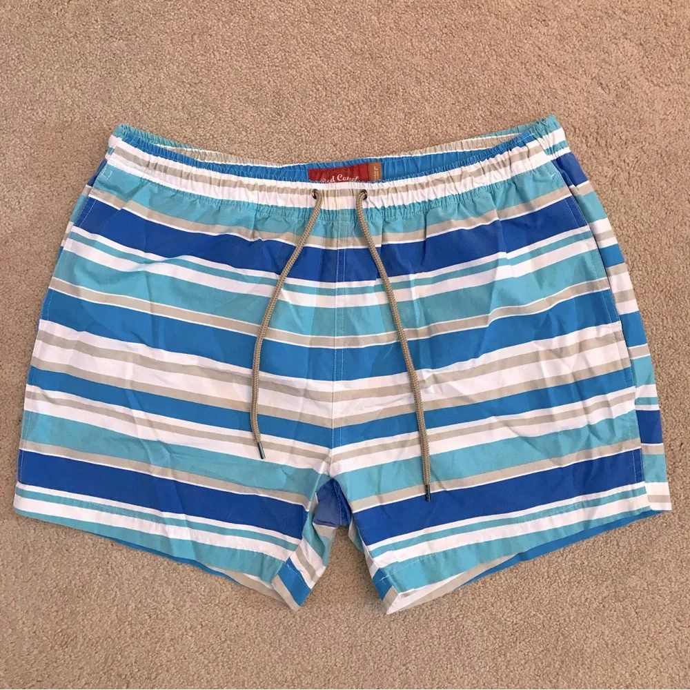 Red Camel Mens Swim Trunks Swimwear Size Large 34 36 Blue White Stripe Altered